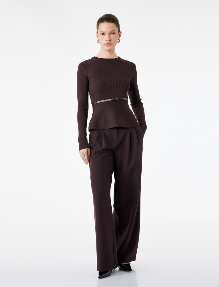  Uzun Kollu Bisiklet Yaka Kemer Detaylı Peplum Kesim Triko Kazak