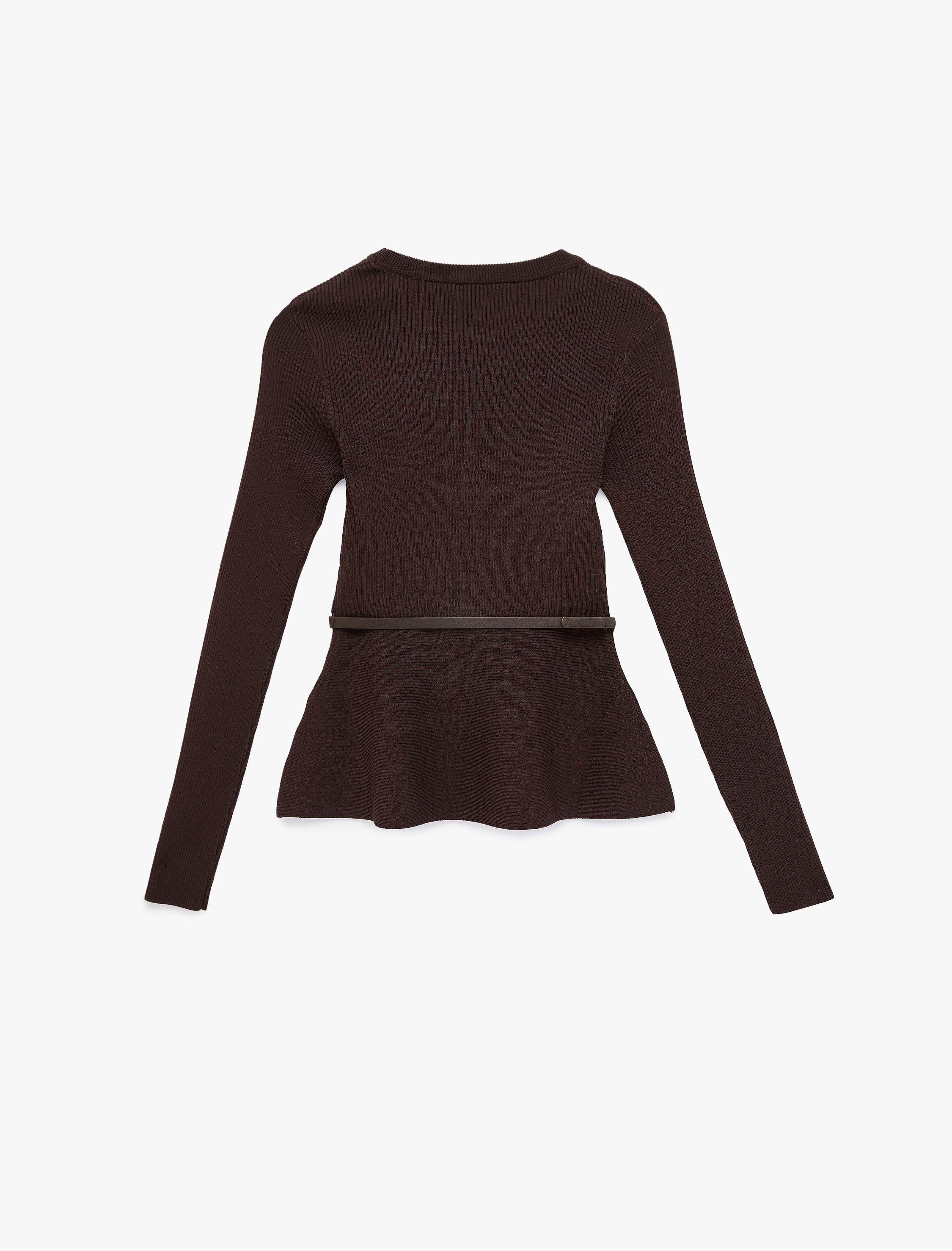   Uzun Kollu Bisiklet Yaka Kemer Detaylı Peplum Kesim Triko Kazak