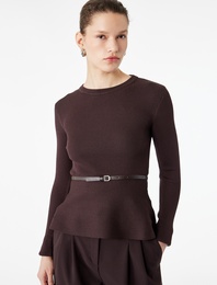 Uzun Kollu Bisiklet Yaka Kemer Detaylı Peplum Kesim Triko Kazak