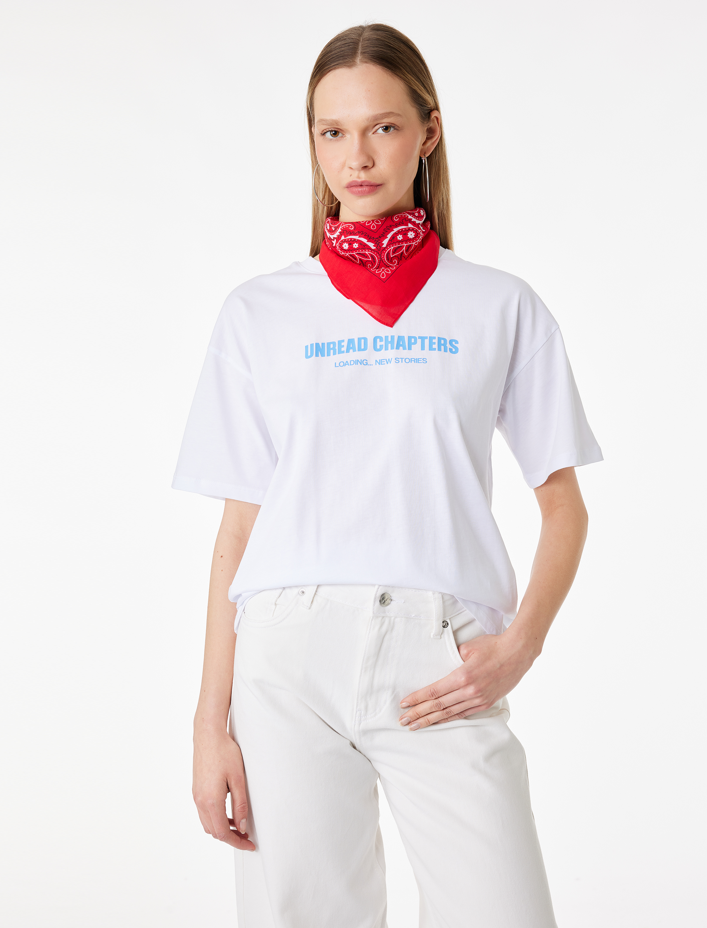   Rahat Kesim Kısa Kollu Bisiklet Yaka Baskılı Tişört