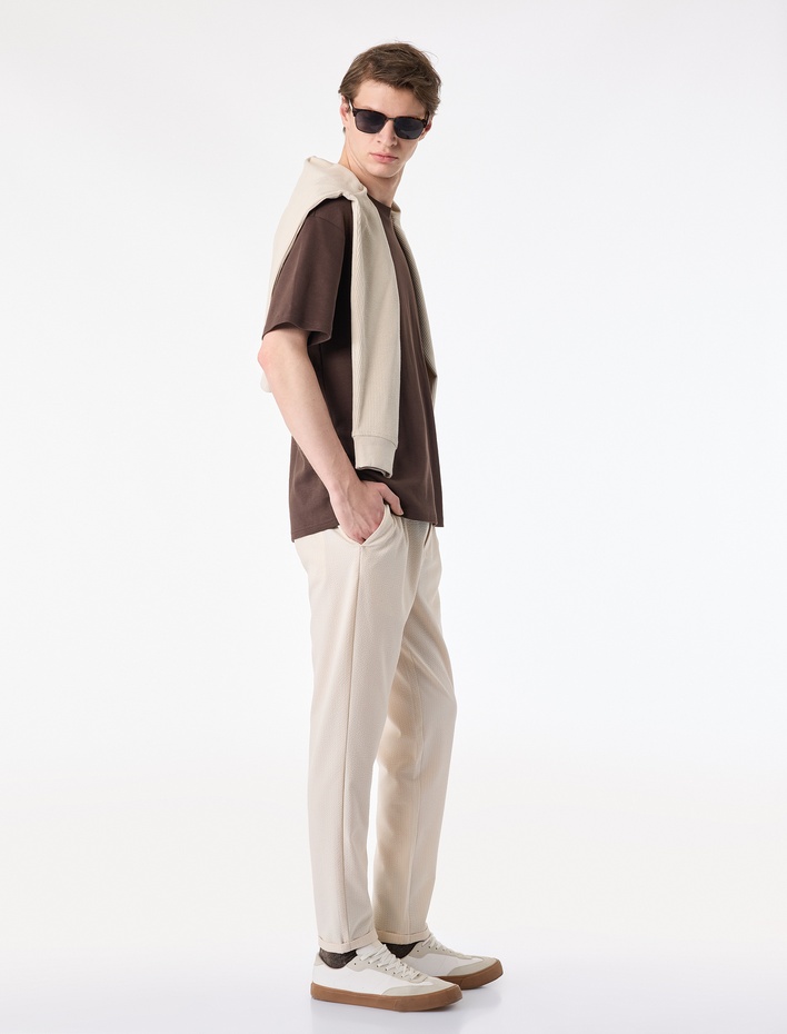  Duble Paça Cepli Beli Lastikli Düğmeli Pantolon