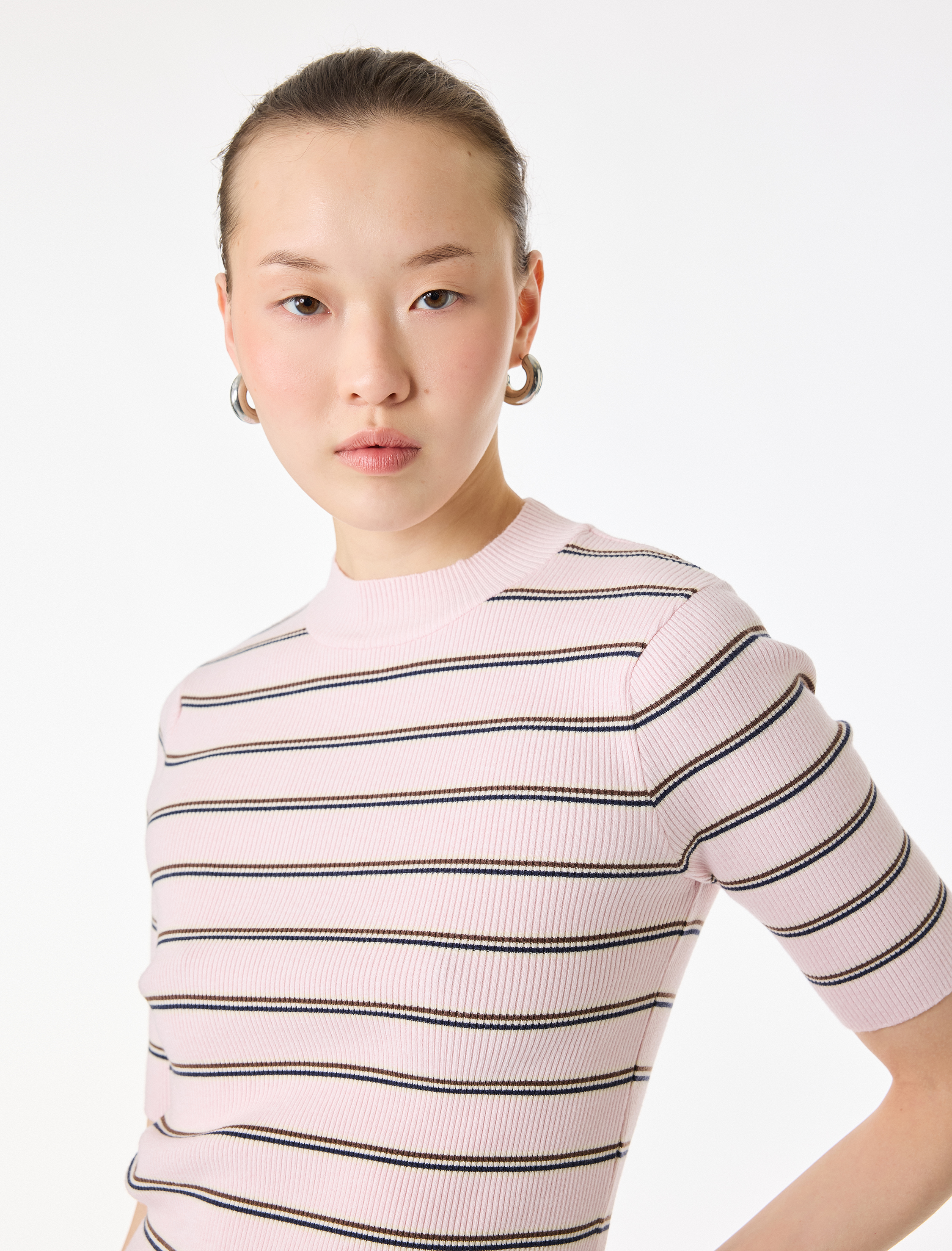   Regular Fit Hafif Dik Yaka Kısa Kollu Çizgili Triko Kazak