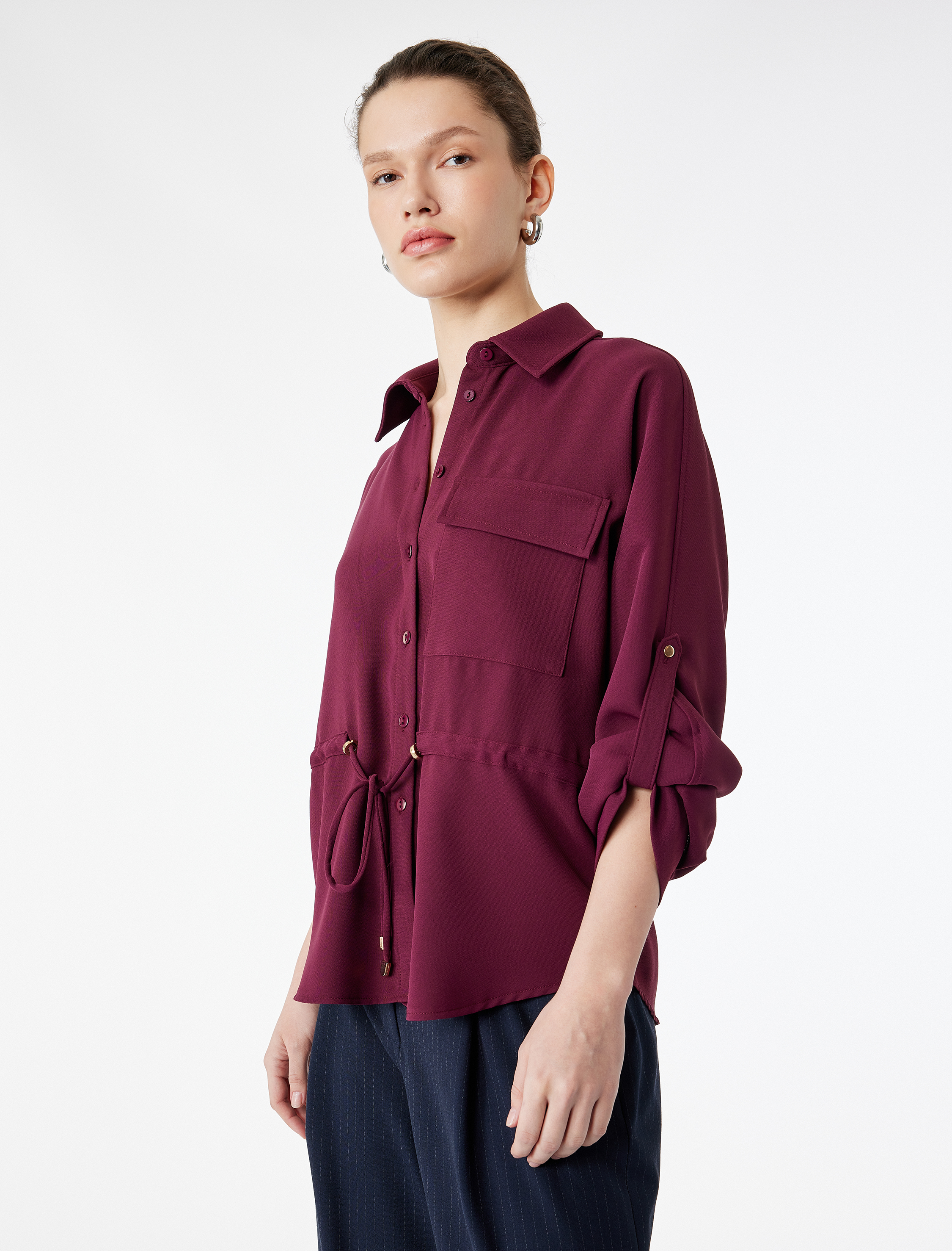   Uzun Kollu Klasik Yaka Beli Bağcıklı Cepli Gömlek