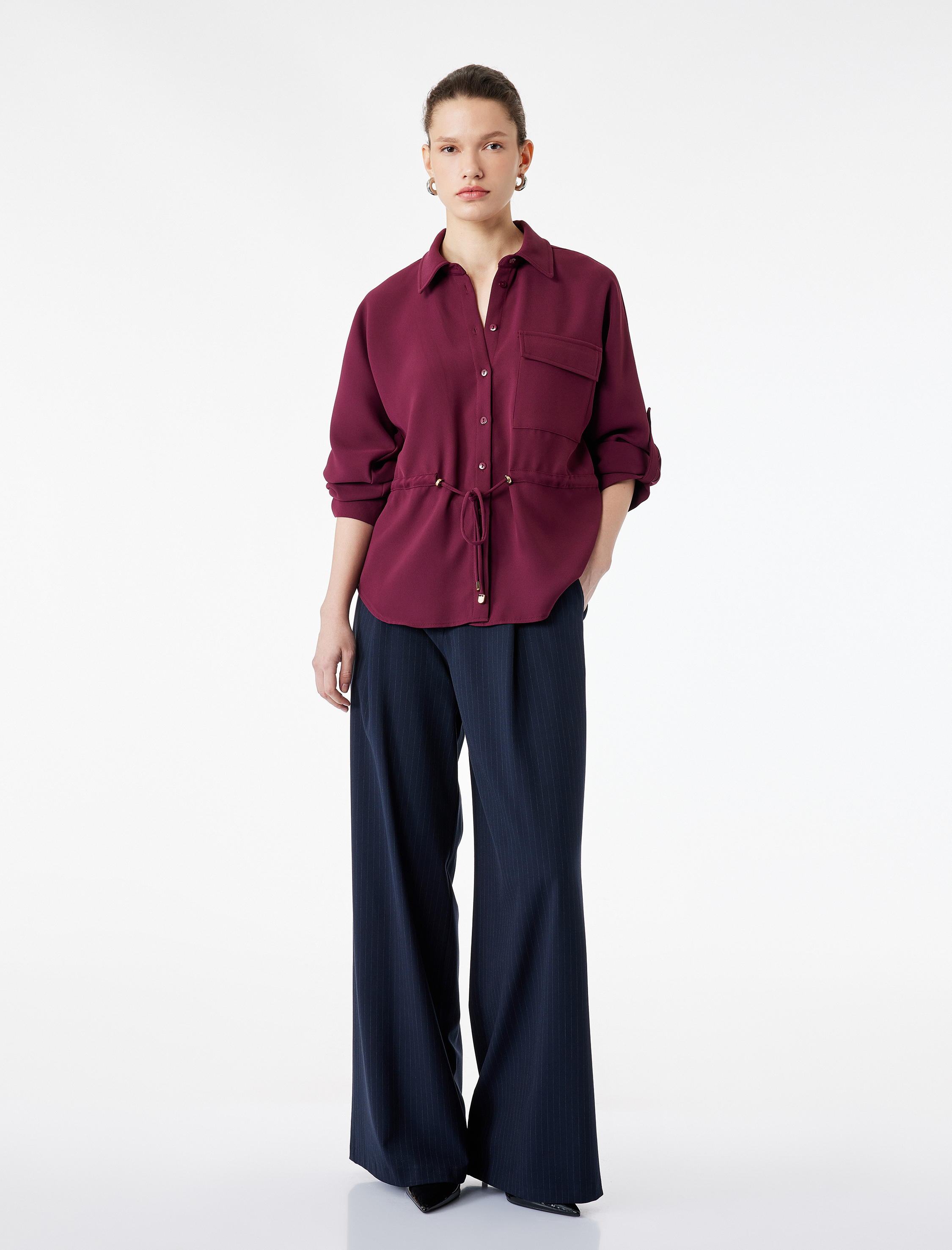   Uzun Kollu Klasik Yaka Beli Bağcıklı Cepli Gömlek