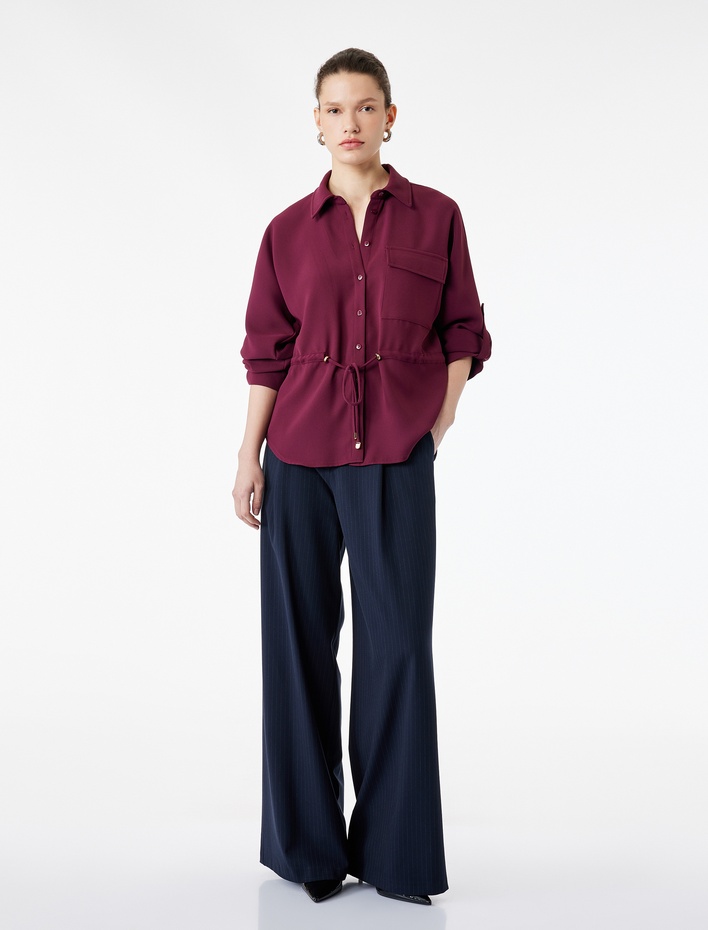  Uzun Kollu Klasik Yaka Beli Bağcıklı Cepli Gömlek