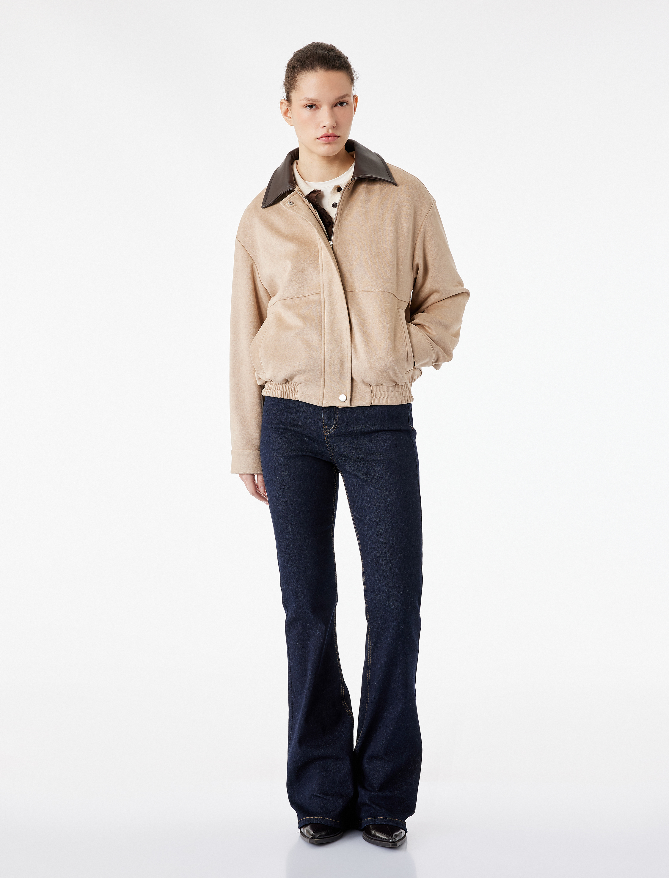   Uzun Kollu Cepli Fermuarlı Suni Süet Bomber Ceket