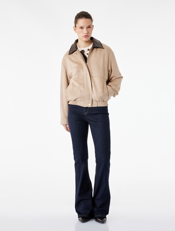  Uzun Kollu Cepli Fermuarlı Suni Süet Bomber Ceket