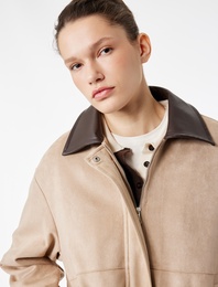 Uzun Kollu Cepli Fermuarlı Suni Süet Bomber Ceket