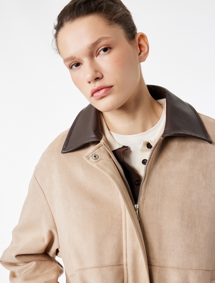  Uzun Kollu Cepli Fermuarlı Suni Süet Bomber Ceket