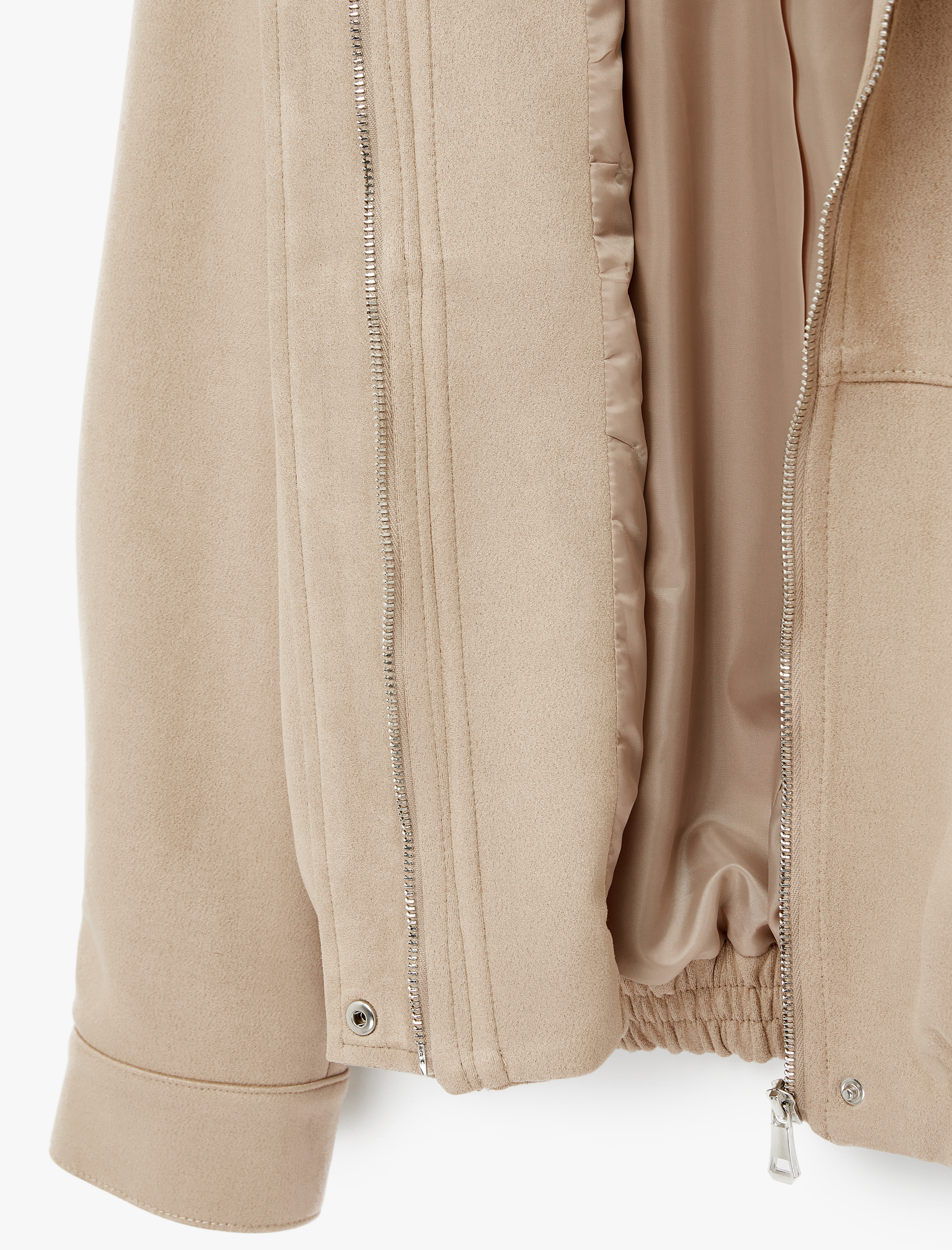   Uzun Kollu Cepli Fermuarlı Suni Süet Bomber Ceket