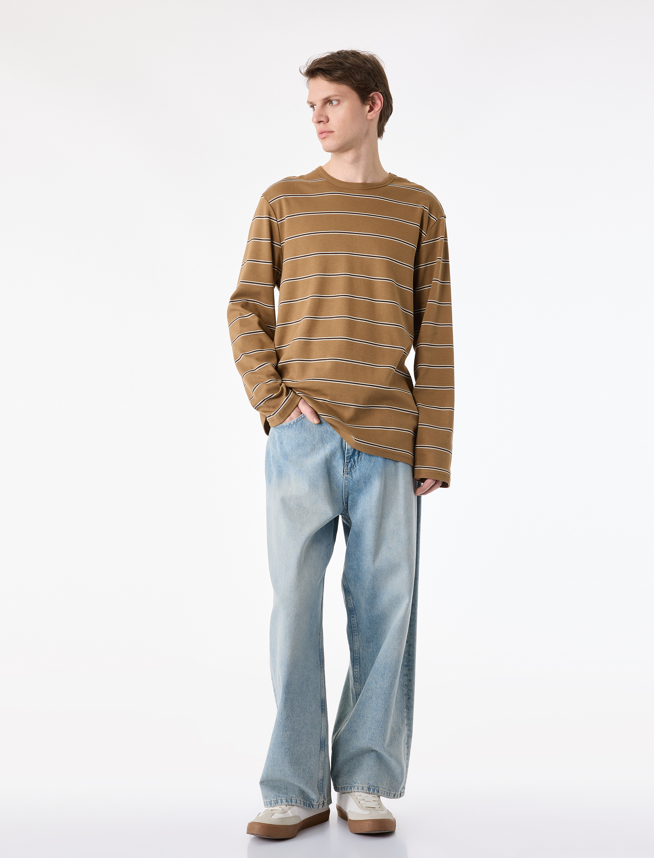   Regular Fit Pamuklu Çizgili Uzun Kollu Bisiklet Yaka Tişört