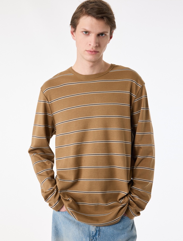  Regular Fit Pamuklu Çizgili Uzun Kollu Bisiklet Yaka Tişört