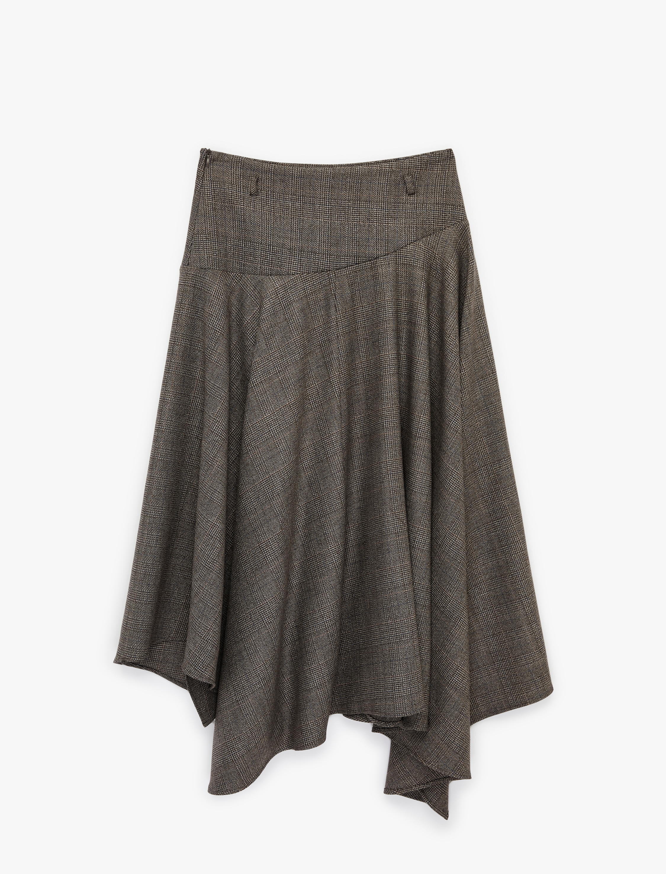   Yüksek Bel Kemerli Kloş Asimetrik Kesim Midi Ekoseli Etek