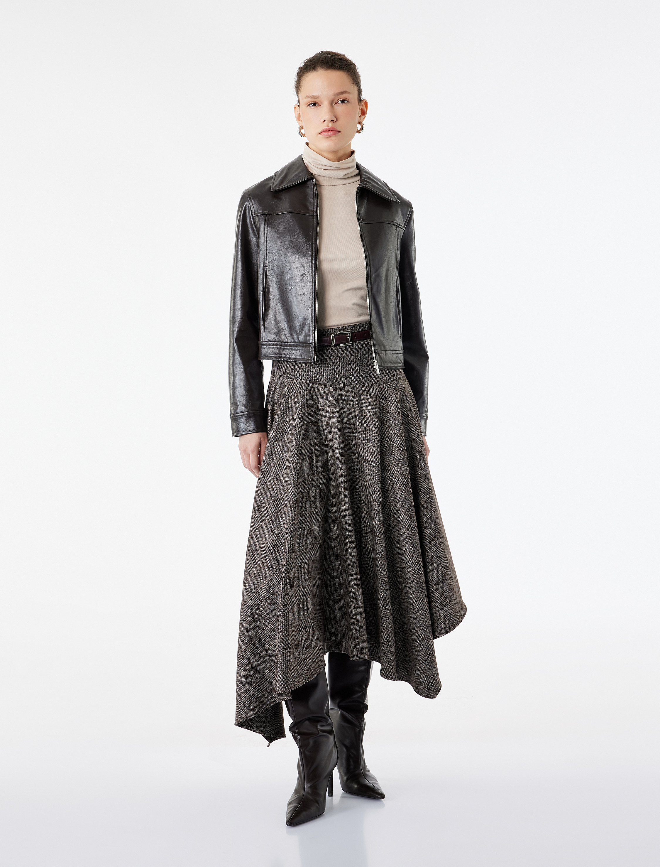   Yüksek Bel Kemerli Kloş Asimetrik Kesim Midi Ekoseli Etek