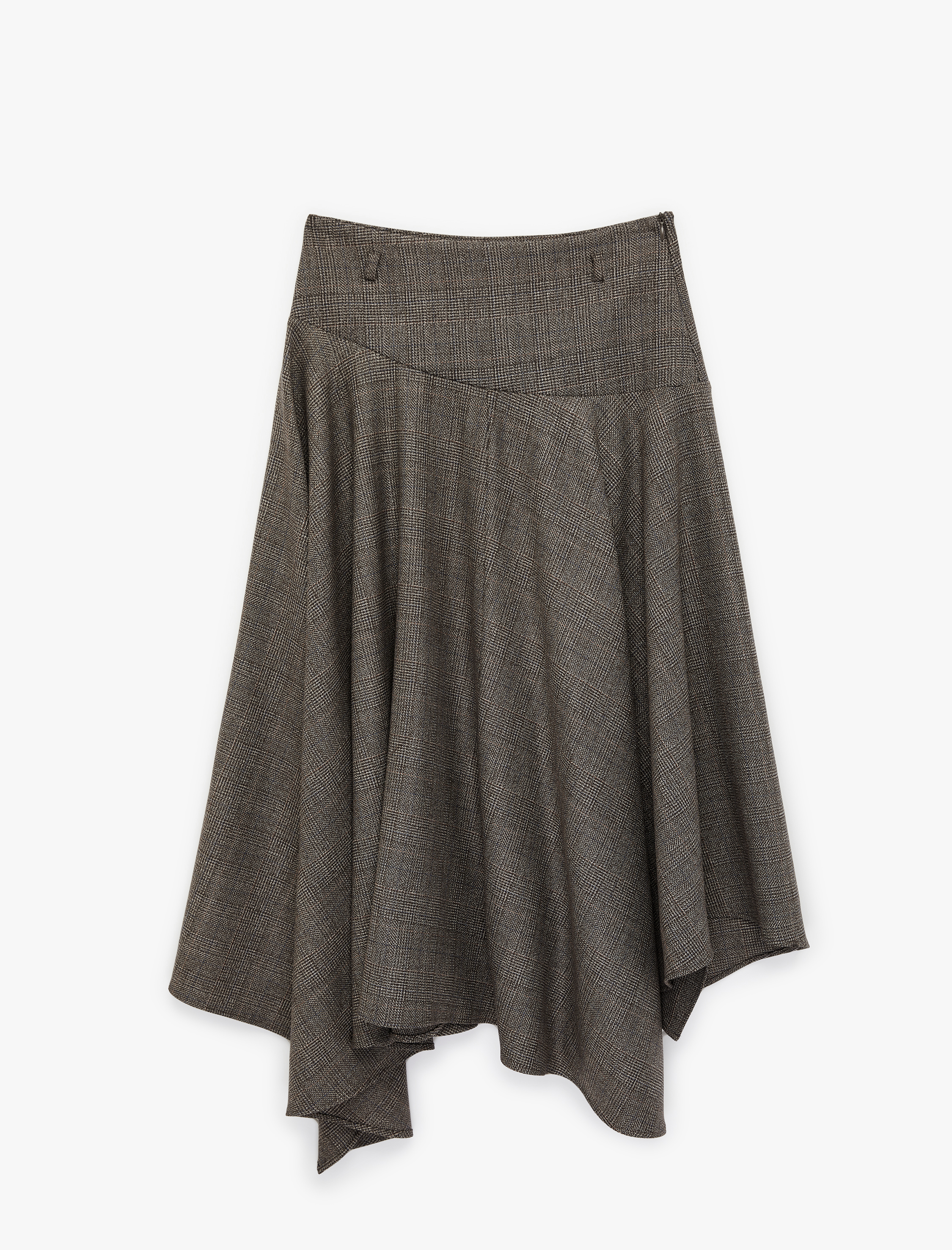   Yüksek Bel Kemerli Kloş Asimetrik Kesim Midi Ekoseli Etek