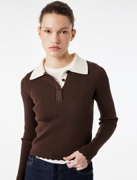 Uzun Kollu Yarım Düğmeli Polo Yaka Triko Kazak