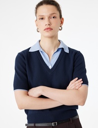 Kısa Kollu Düğmeli Renk Kontrastlı Kombine Polo Yaka Triko Kazak