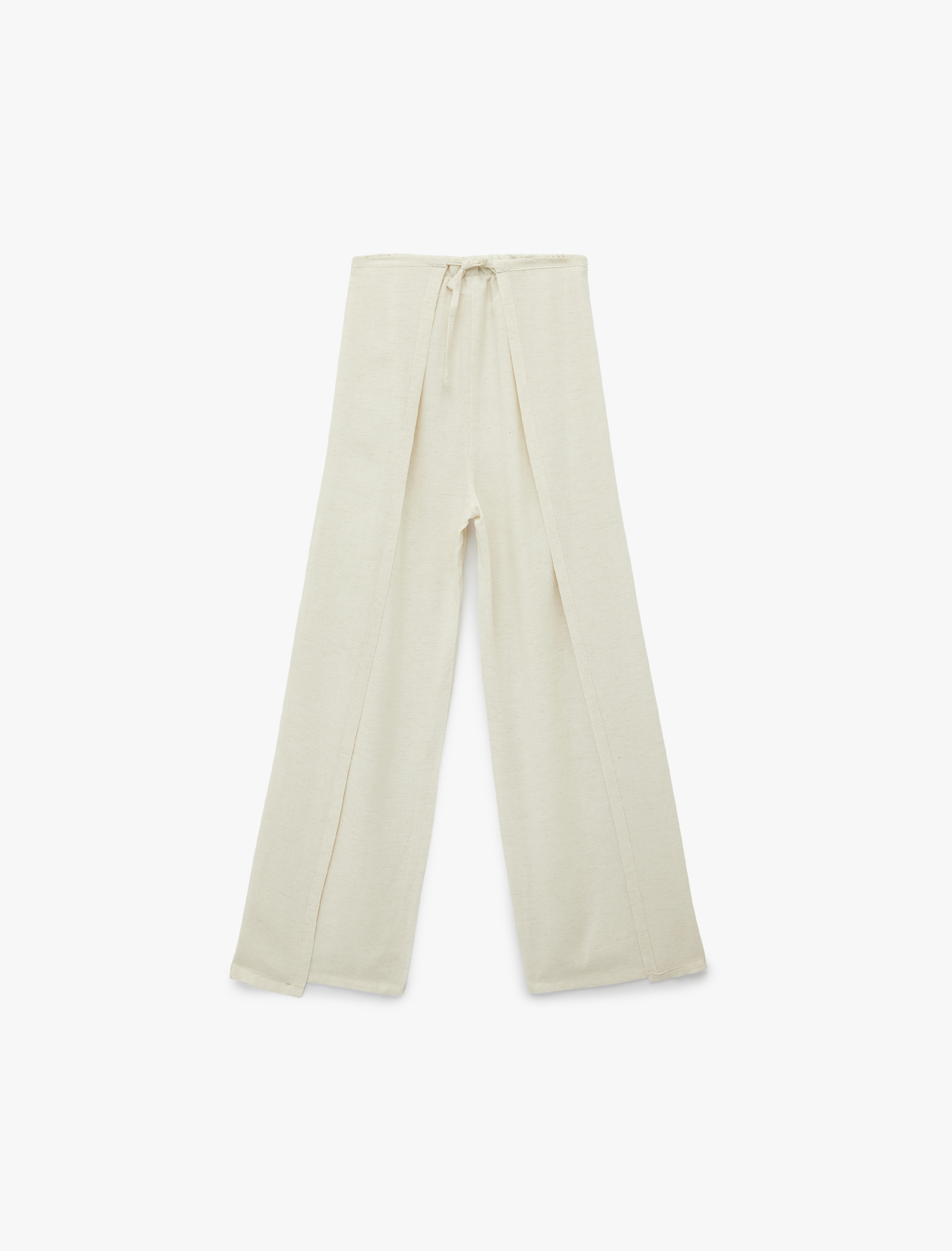  Kız Çocuk Keten ve Viskon Karışımlı Beli Bağcıklı Geniş Paça Pantolon