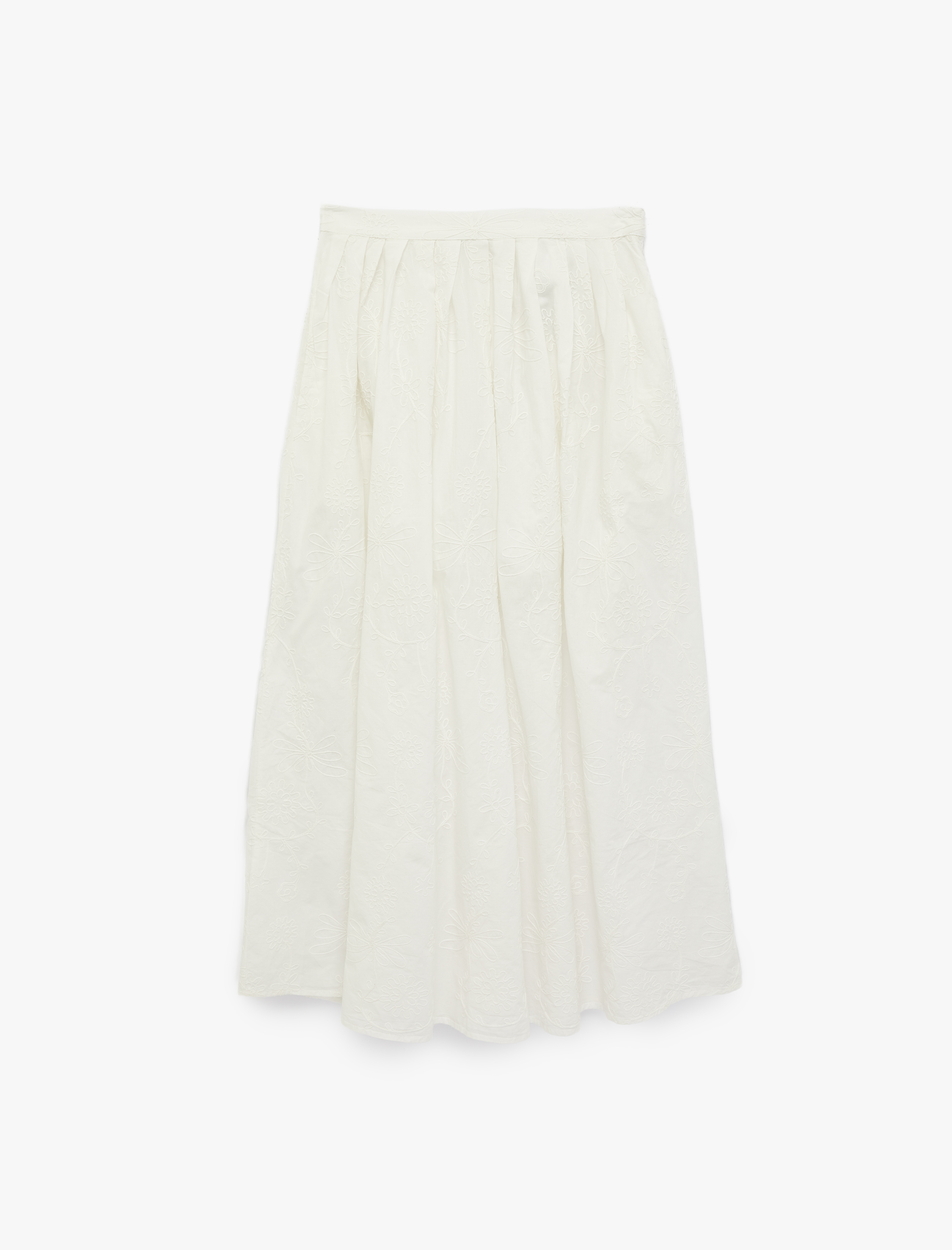   Pamuklu Cepli Pileli Floral Dokulu Nakış Detaylı Brodeli Midi Etek