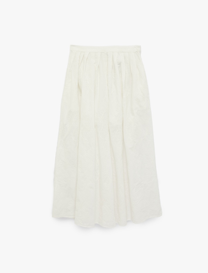  Pamuklu Cepli Pileli Floral Dokulu Nakış Detaylı Brodeli Midi Etek