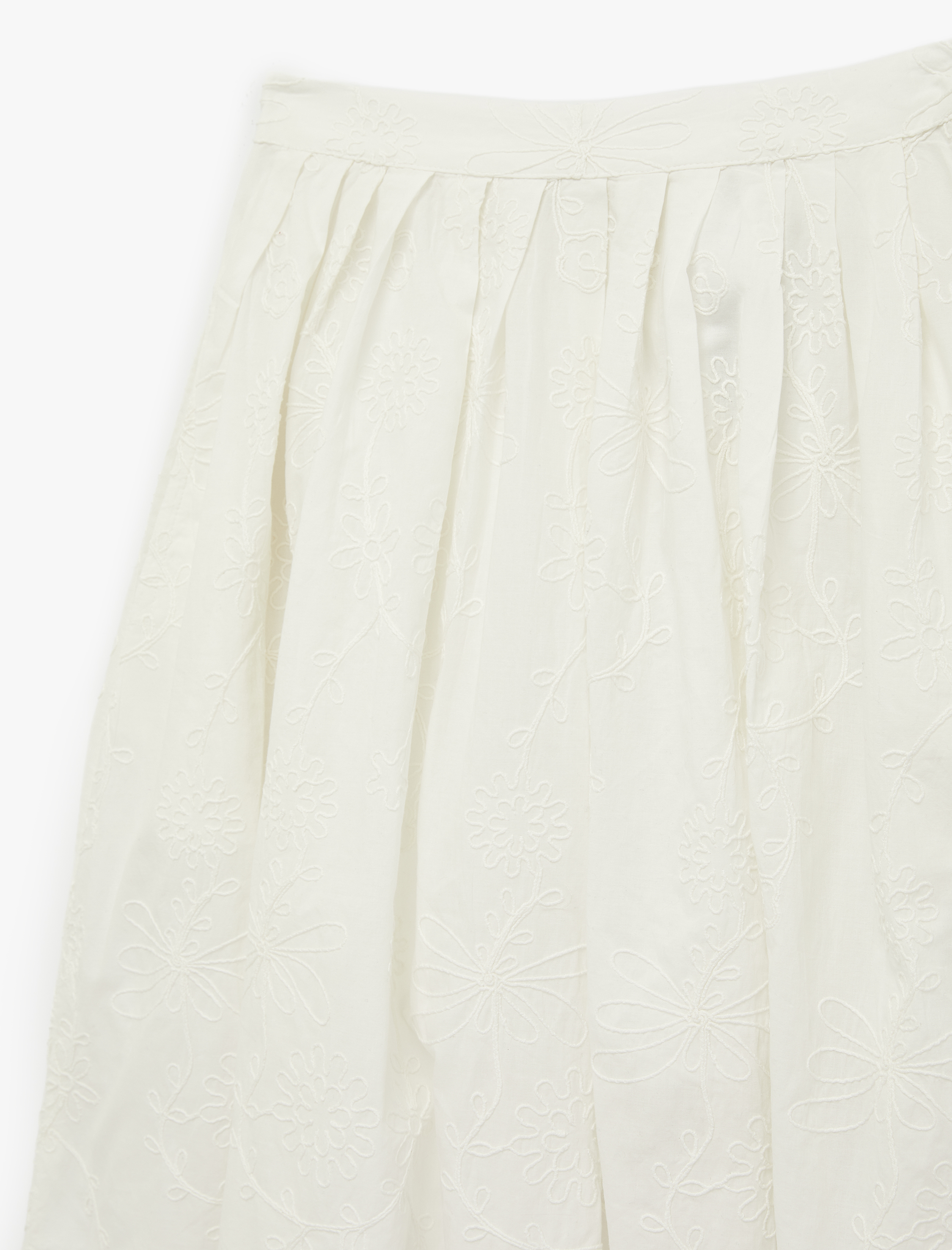   Pamuklu Cepli Pileli Floral Dokulu Nakış Detaylı Brodeli Midi Etek