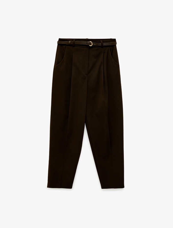  Yüksek Bel Rahat Kalıp Cepli Kemer Detaylı Cigarette Pantolon