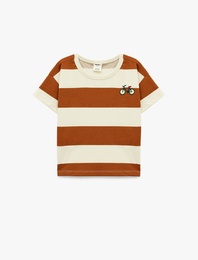 Bisiklet Baskılı Kısa Kollu Bisiklet Yaka Pamuklu Çizgili Tişört