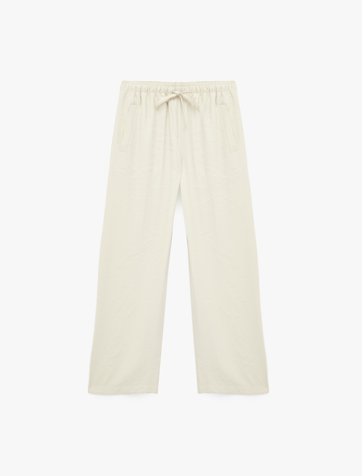  Rahat Kalıp Beli Bağcıklı Viskon Geniş Paça Pantolon