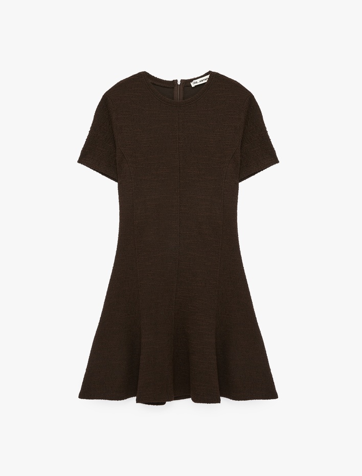  Viskon Karışımlı Volanlı Kısa Kollu Bisiklet Yaka Tüvit Mini Elbise