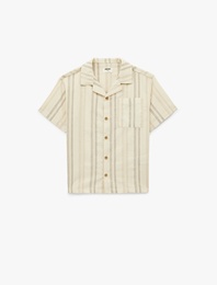 Pamuklu Cepli Devrik Yaka Kısa Kollu Çizgili Gömlek