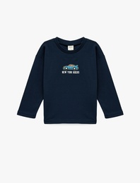 Araba Baskılı Pamuklu Bisiklet Yaka Uzun Kollu Tişört