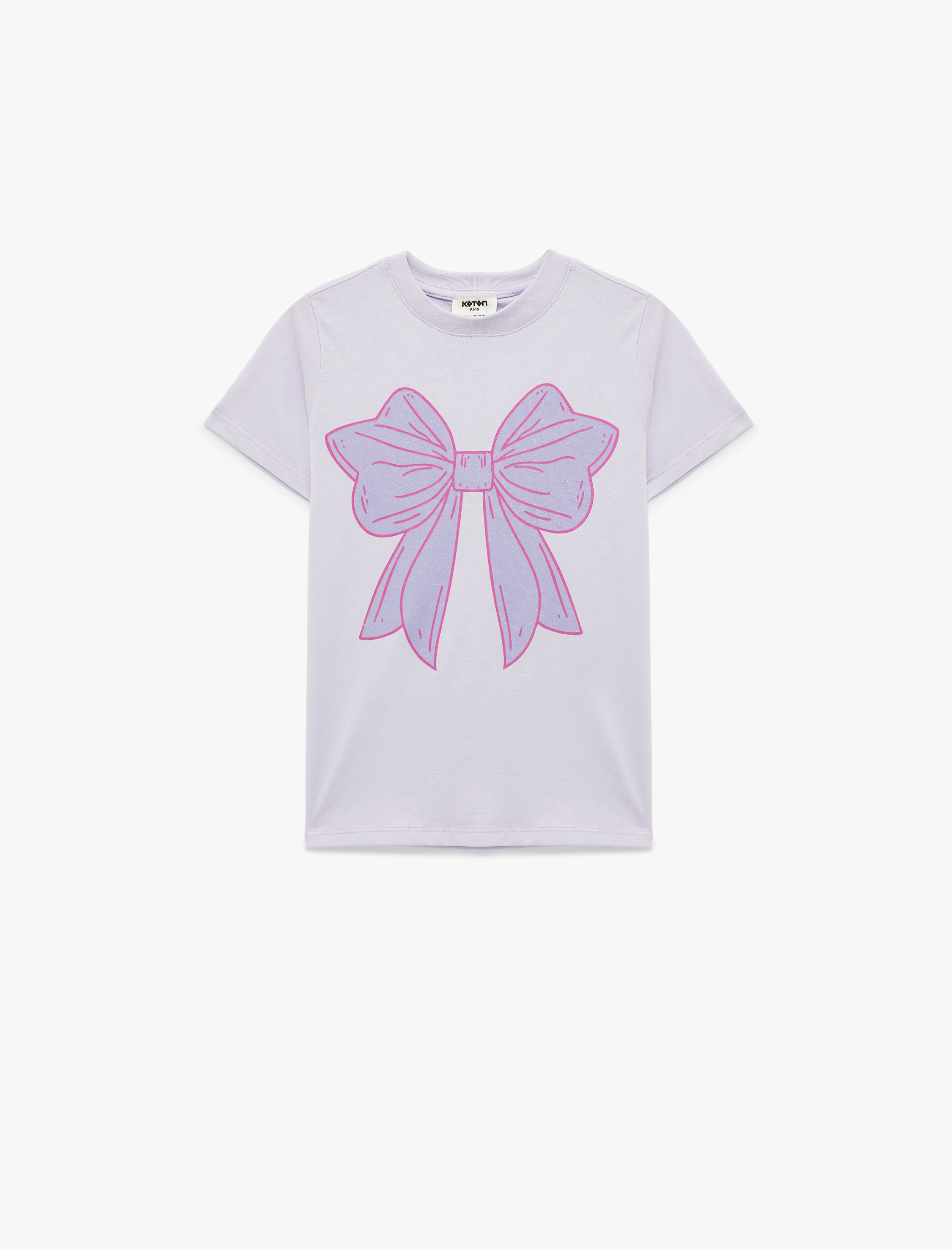  Kız Çocuk Fiyonk Baskılı Kısa Kollu Bisiklet Yaka Pamuklu Tişört