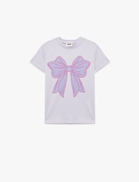 Fiyonk Baskılı Kısa Kollu Bisiklet Yaka Pamuklu Tişört