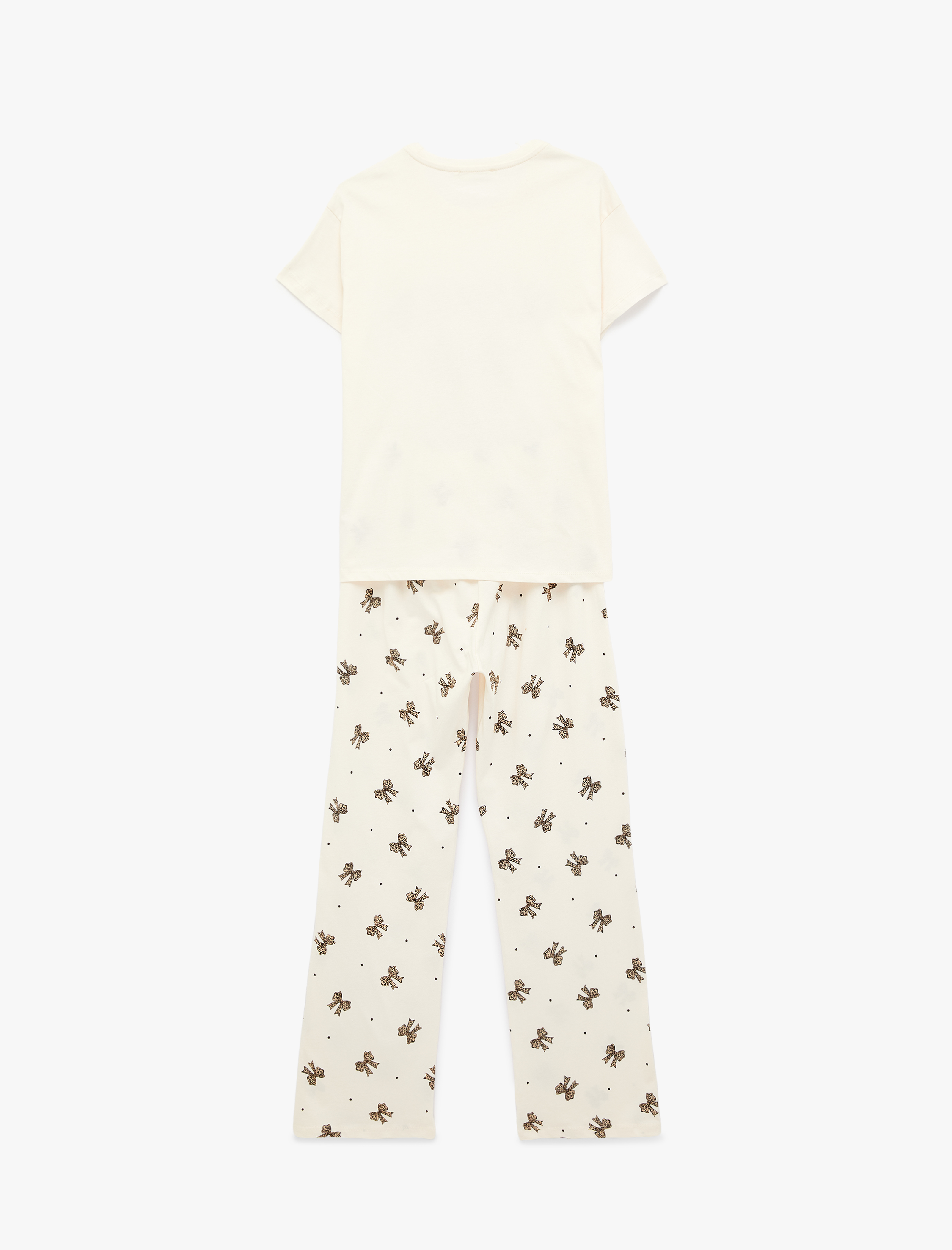   Kısa Kollu Bisiklet Yaka Fiyonk Baskılı  Pamuklu Pijama Takımı