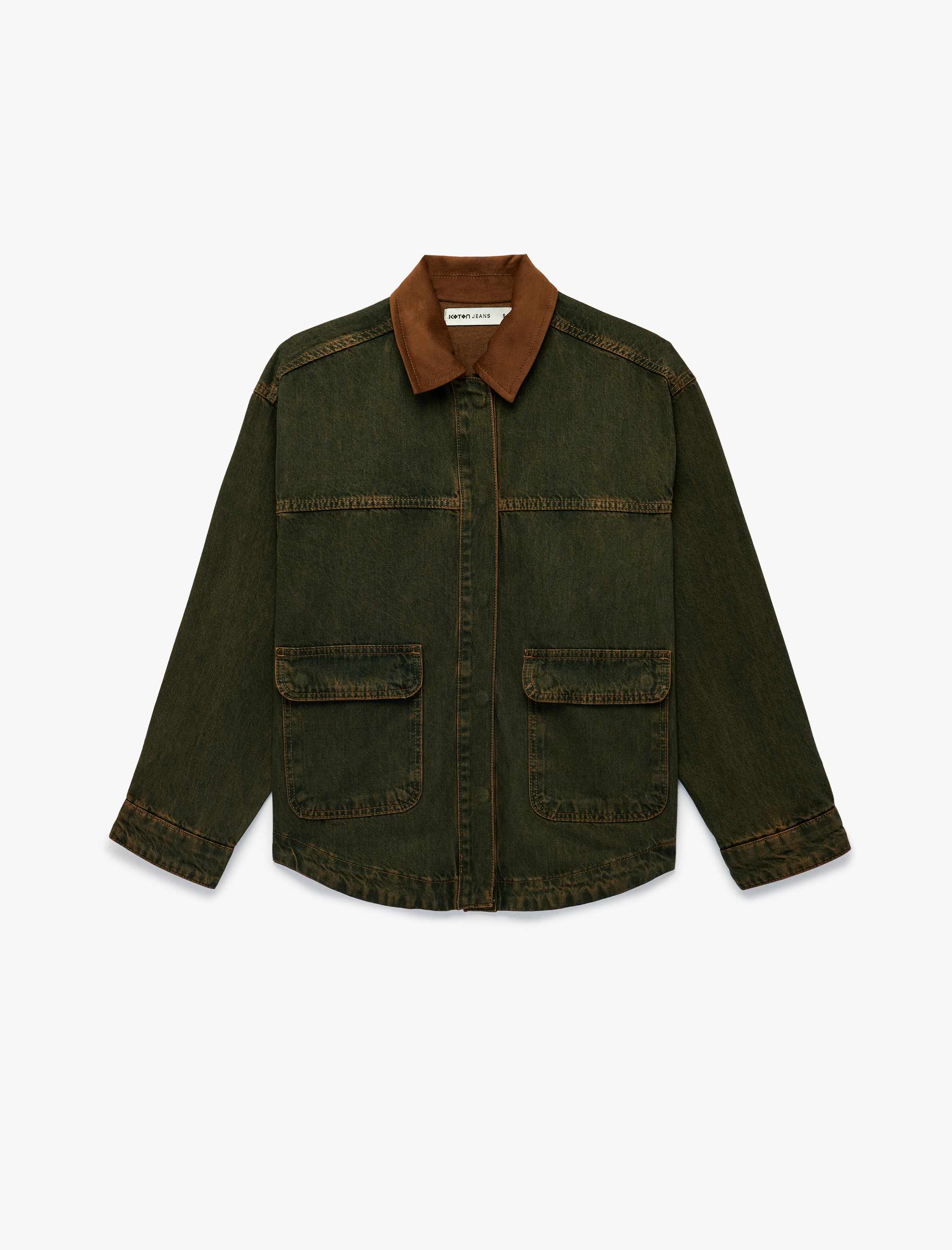   Yıkamalı Klasik Yaka Cep Detaylı Düğmeli Oversize Denim Ceket