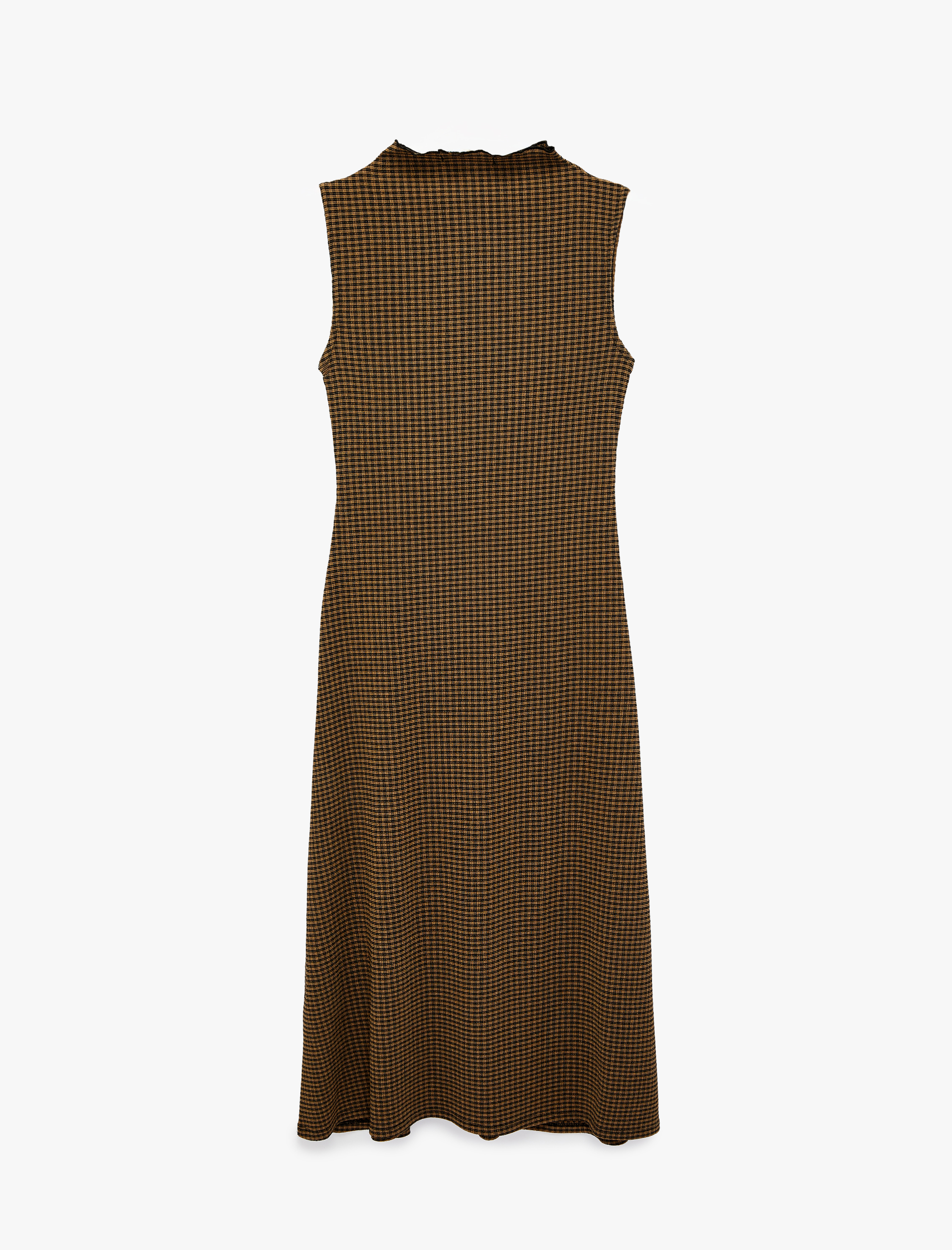   Bürümcük Kumaş Slim Fit Dik Yaka Kolsuz Düğüm Detaylı Kareli Midi Elbise