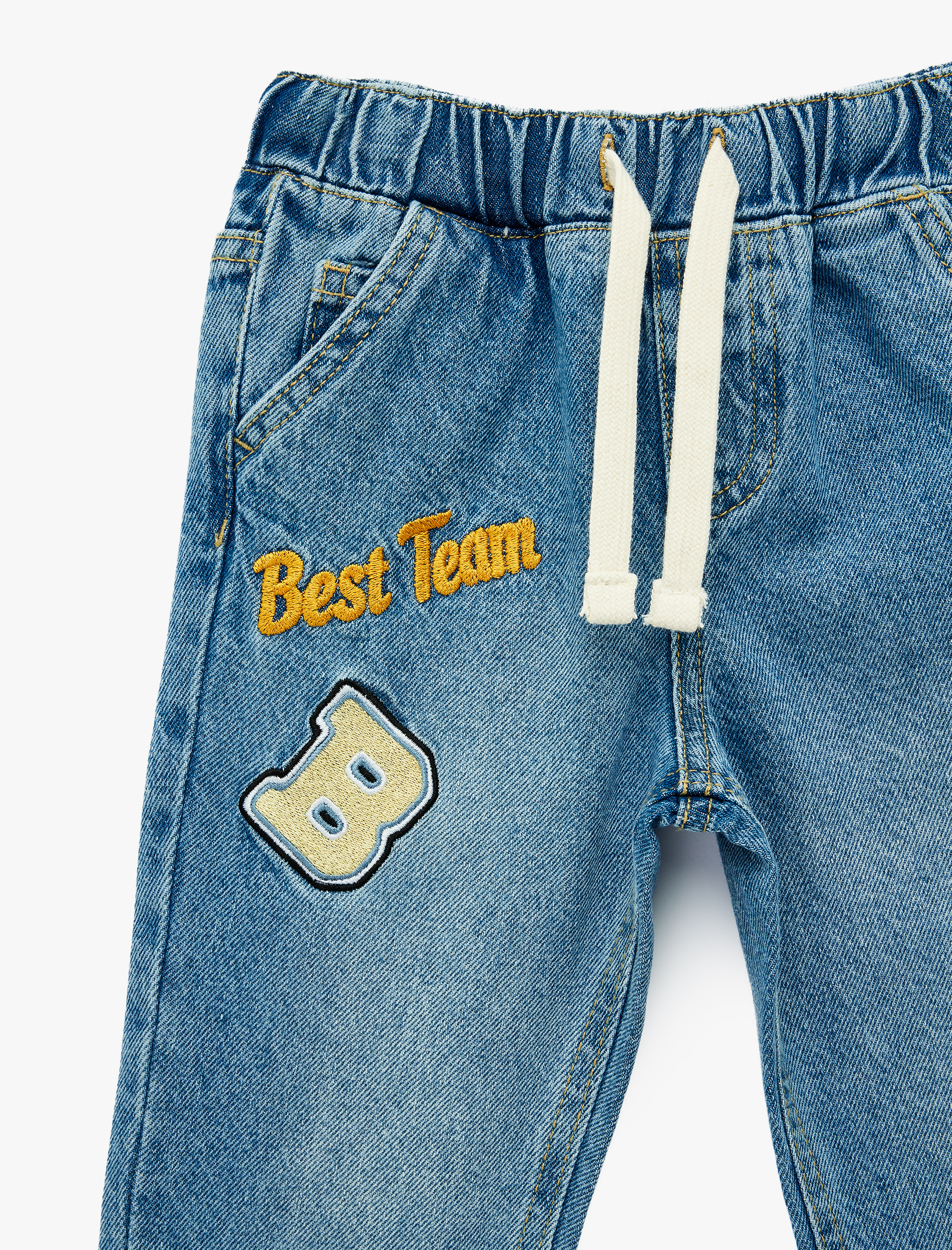  Erkek Bebek Beli Bağcıklı Cepli İşleme Detaylı Pamuklu Denim Pantolon