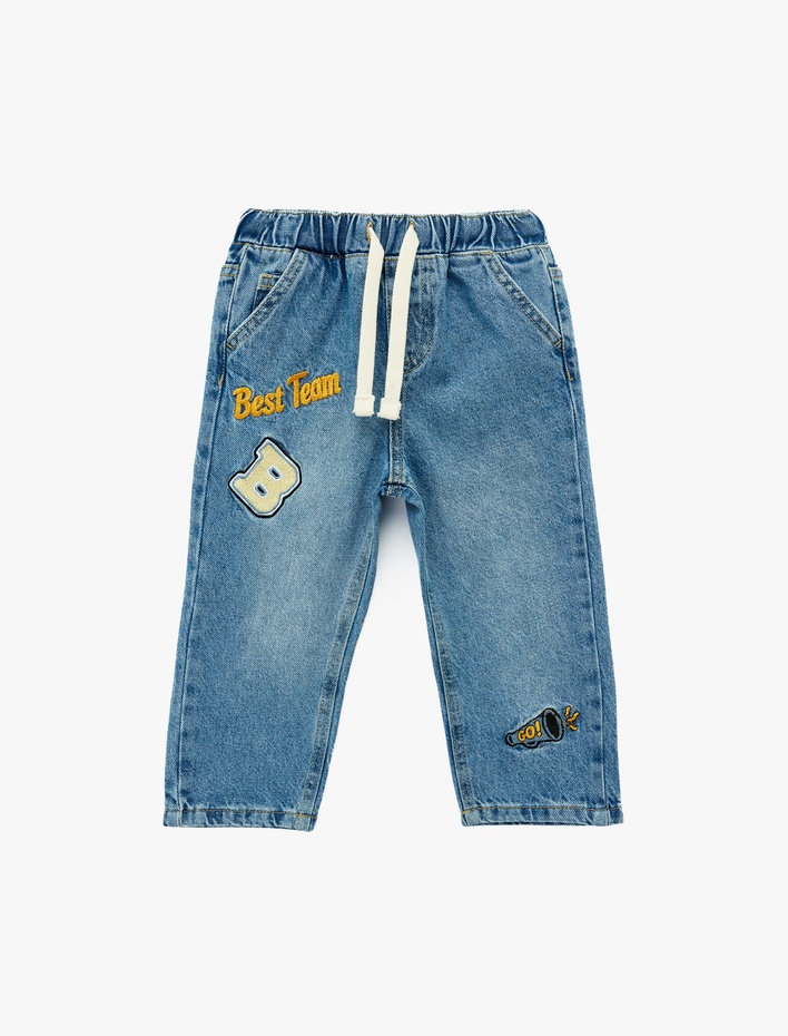 Erkek Bebek Beli Bağcıklı Cepli İşleme Detaylı Pamuklu Denim Pantolon