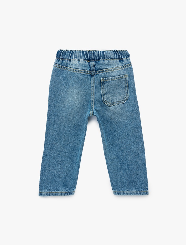 Erkek Bebek Beli Bağcıklı Cepli İşleme Detaylı Pamuklu Denim Pantolon