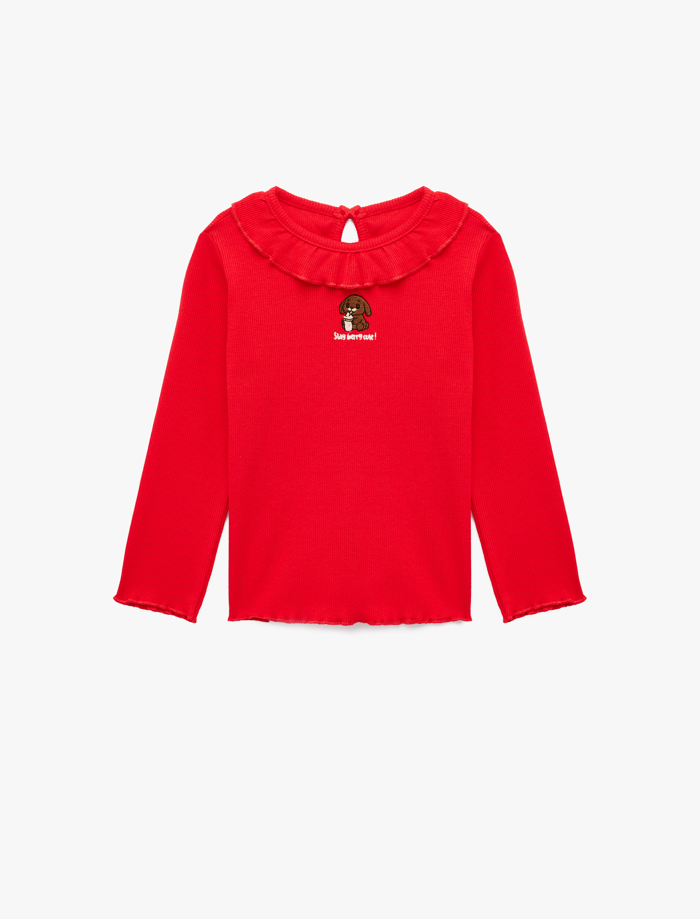  Kız Bebek Uzun Kollu Fırfırlı Bisiklet Yaka Köpek İşlemeli Kaşkorse Tişört