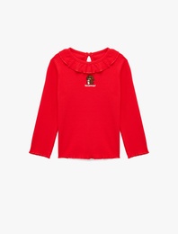 Uzun Kollu Fırfırlı Bisiklet Yaka Köpek İşlemeli Kaşkorse Tişört