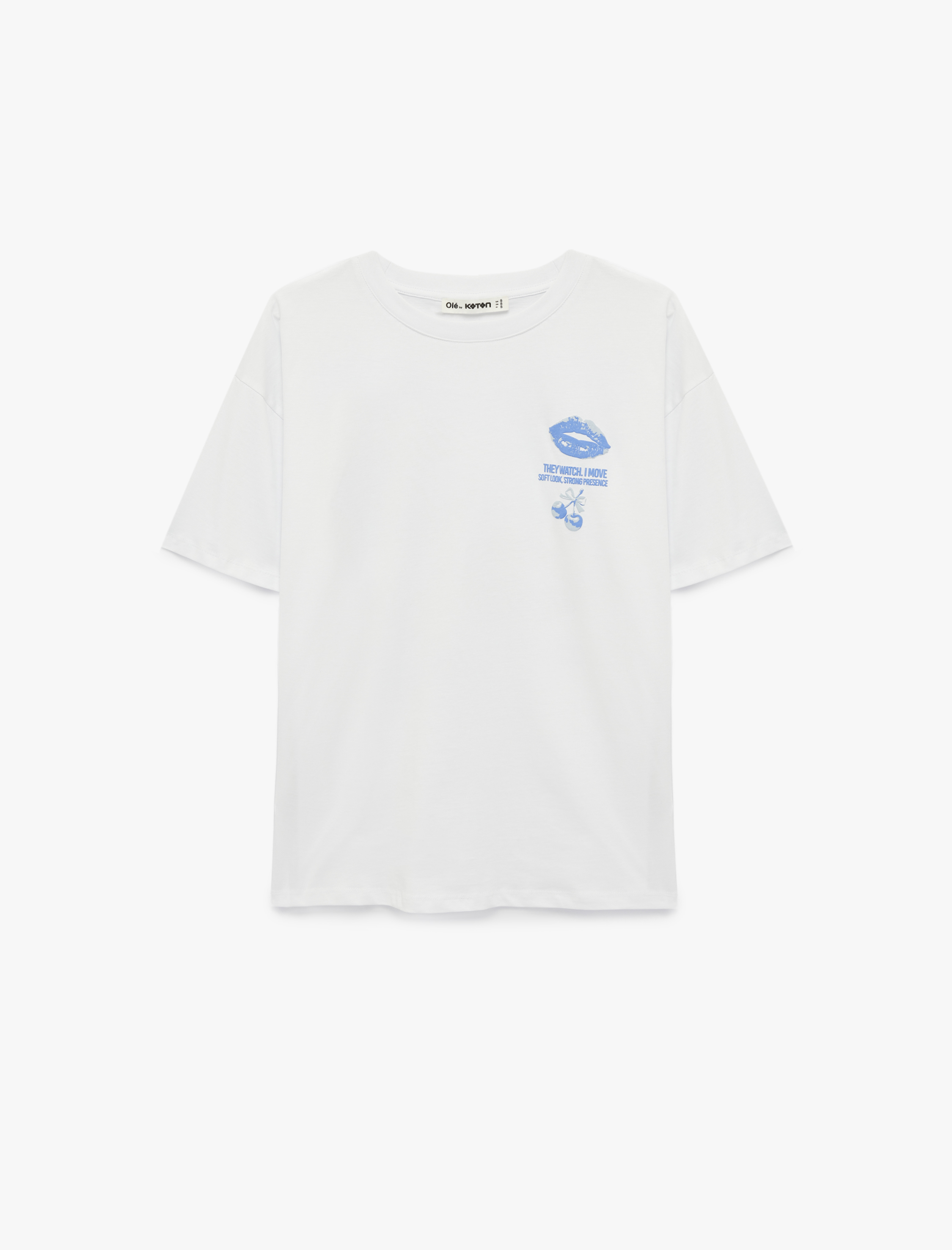   Rahat Kalıp Kısa Kollu Bisiklet Yaka Pamuklu Arkası Kiraz Baskılı Tişört