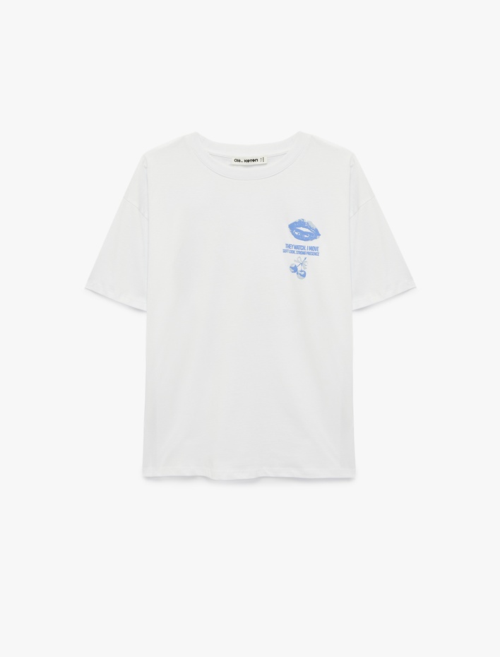  Rahat Kalıp Kısa Kollu Bisiklet Yaka Pamuklu Arkası Kiraz Baskılı Tişört