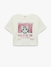 Kısa Kollu Bisiklet Yaka Pamuklu Baskılı Tişört