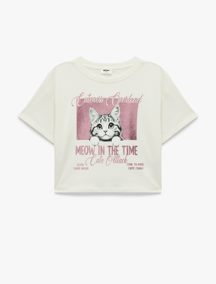 Kız Çocuk Kısa Kollu Bisiklet Yaka Pamuklu Baskılı Tişört