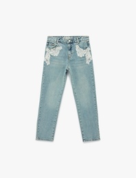 Dantel Detaylı Pamuklu Mom Fit Denim Pantolon