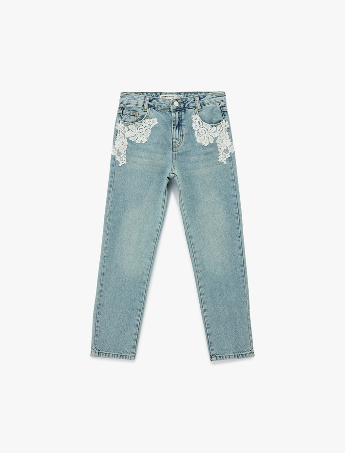 Kız Çocuk Dantel Detaylı Pamuklu Mom Fit Denim Pantolon