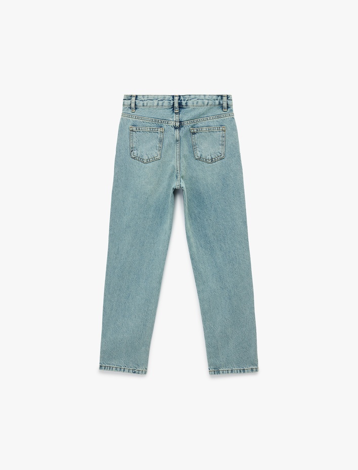 Kız Çocuk Dantel Detaylı Pamuklu Mom Fit Denim Pantolon