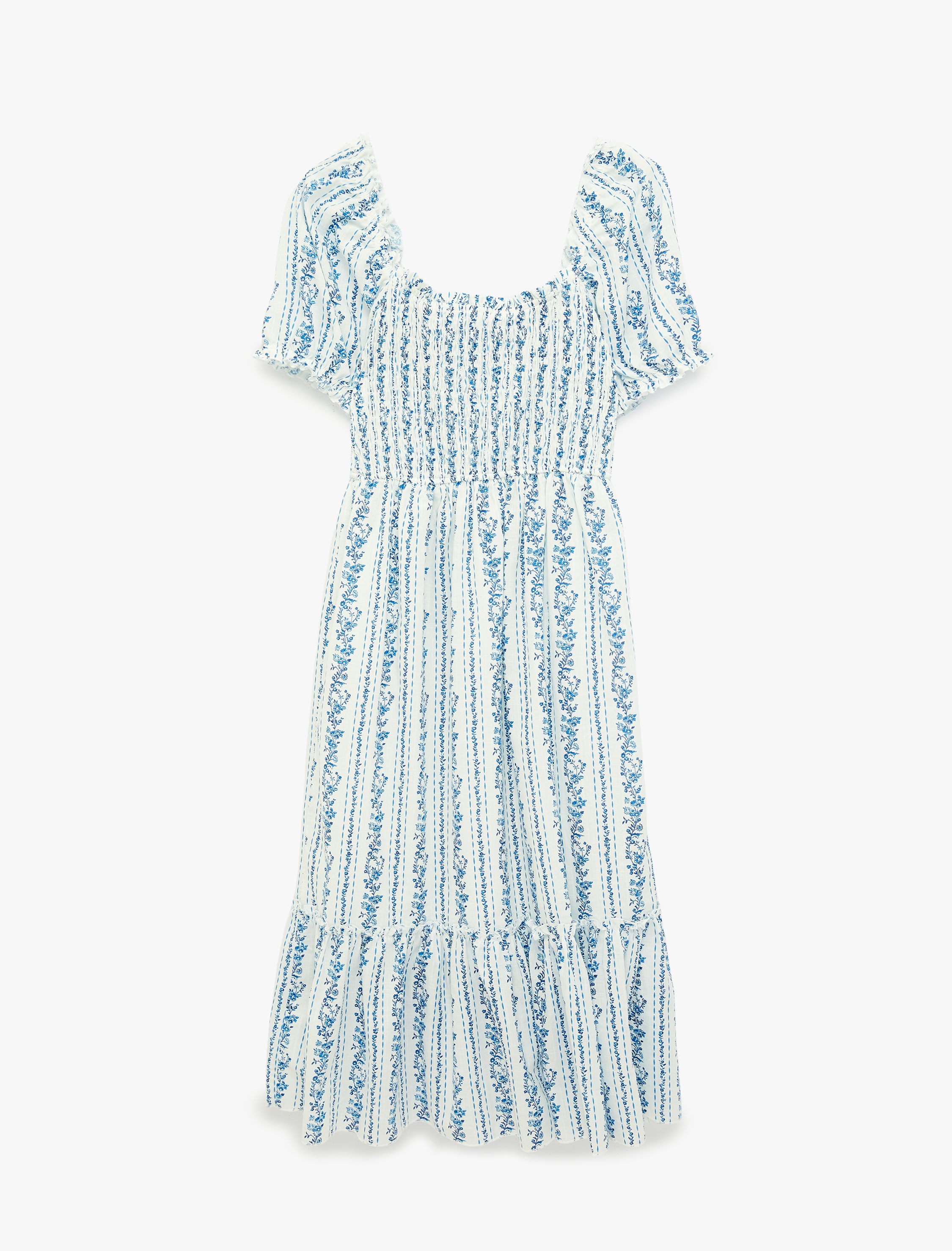   Pamuklu Kısa Balon Kollu U Yaka Gipeli Çiçekli Maxi Elbise