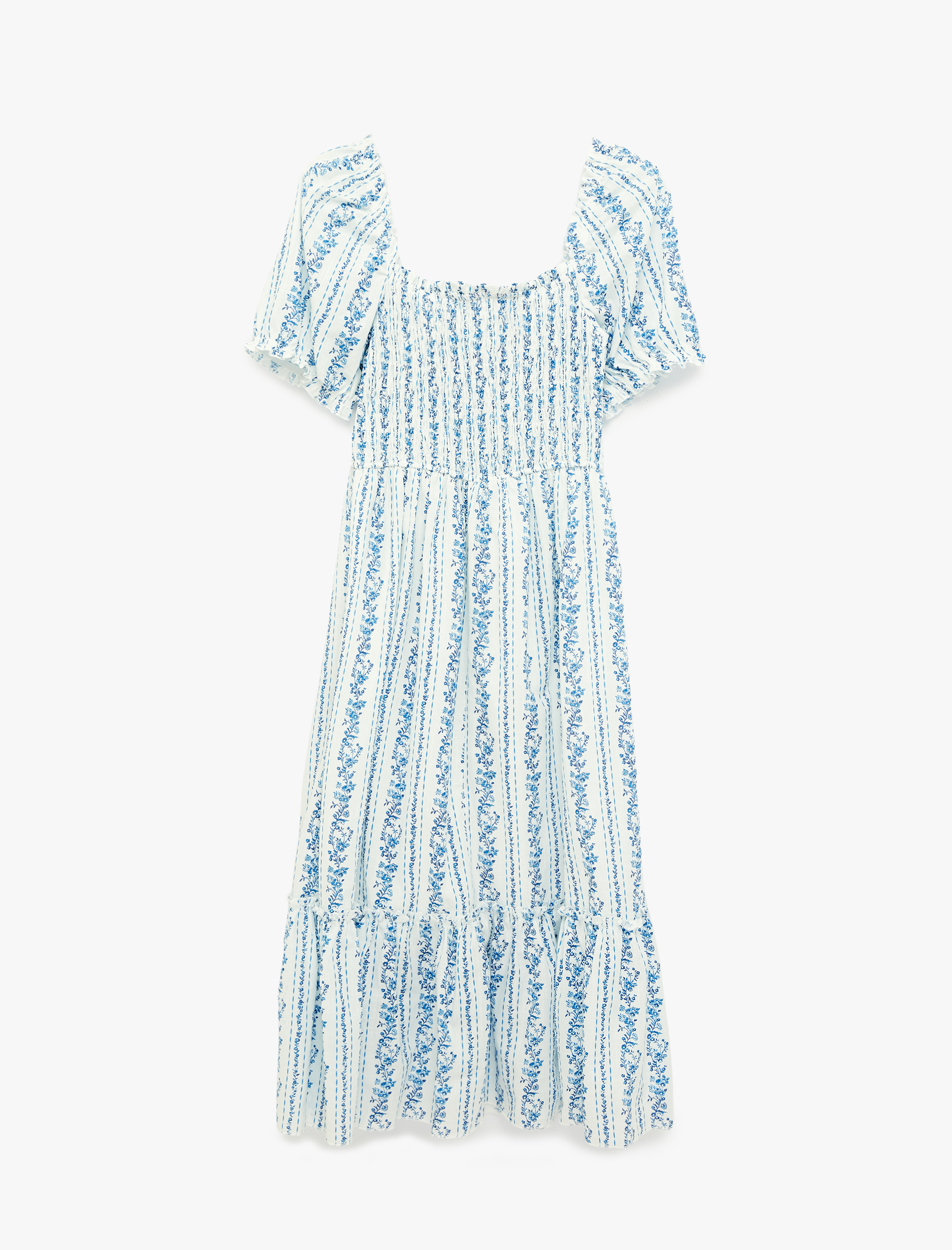   Pamuklu Kısa Balon Kollu U Yaka Gipeli Çiçekli Maxi Elbise